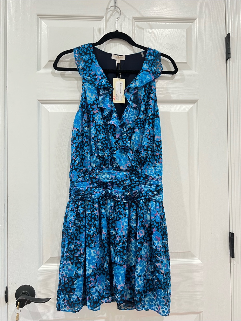 Ramy Brook Juno Dress L NWT Blue Floral Silk Blend Ruffle Sleeveless Mini $445⁠
